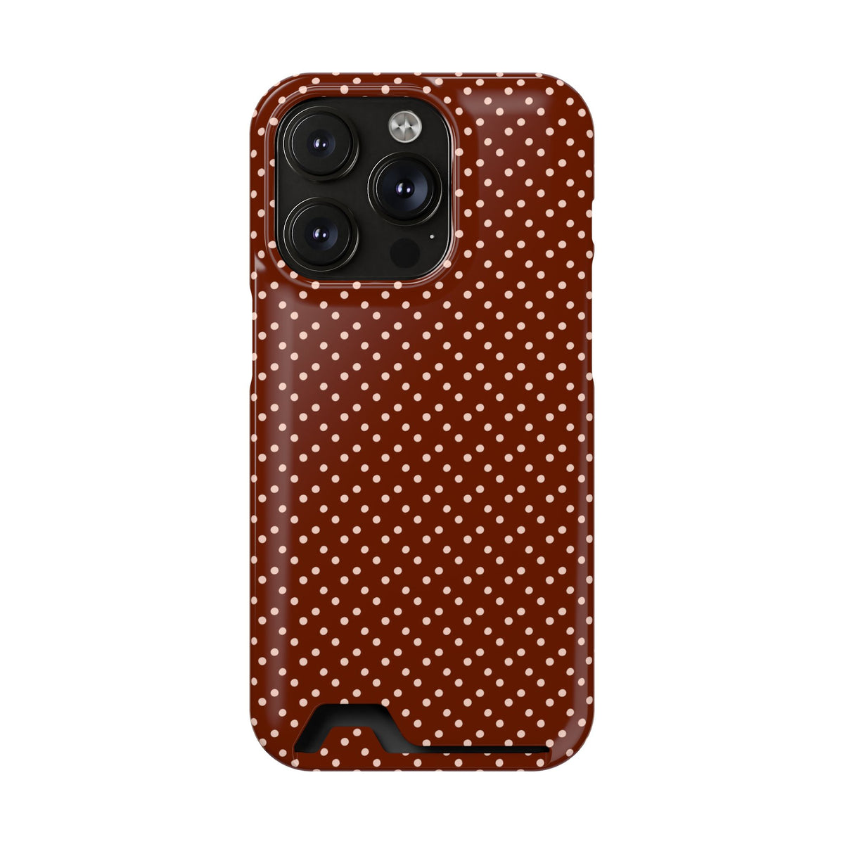 Chocolate Micro Dot phone case with card holder for iPhone 14 Pro, glossy finish