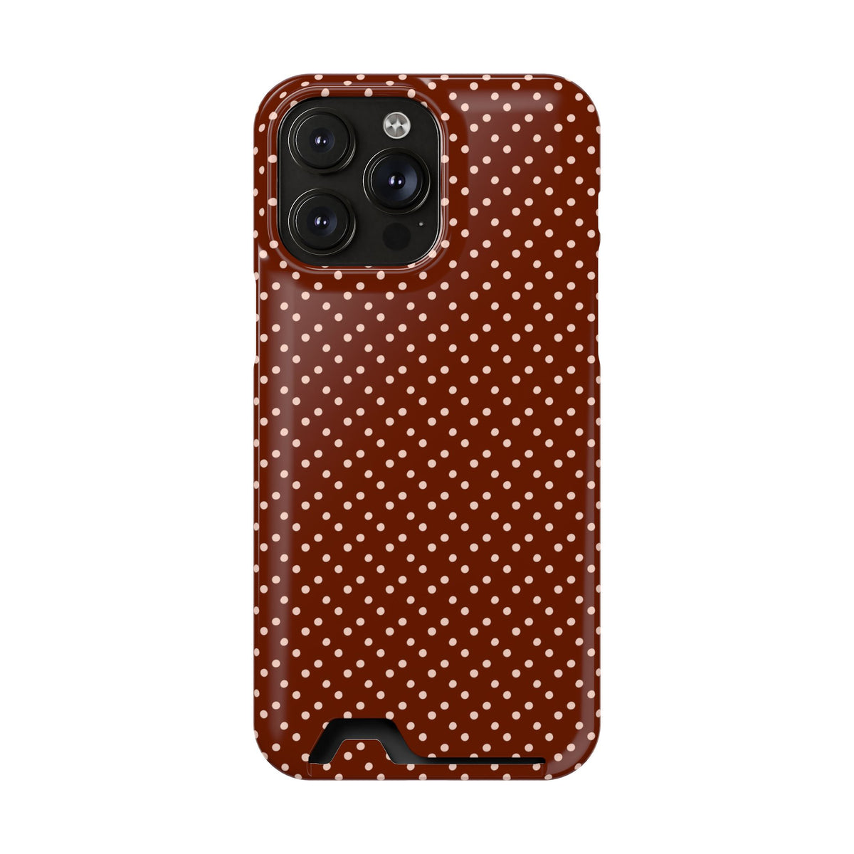 Chocolate Micro Dot phone case with card holder for iPhone 14 Pro Max, glossy finish