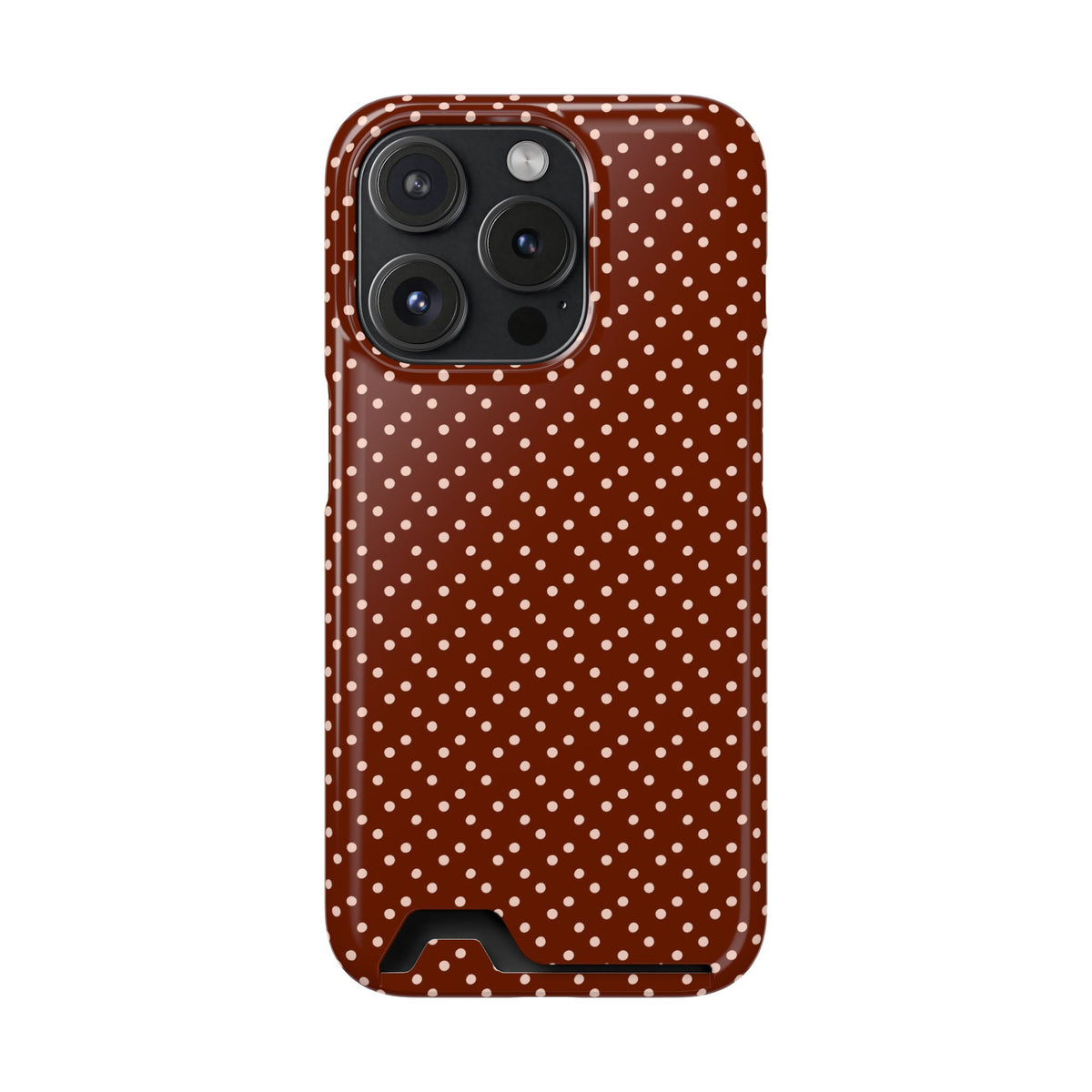 Chocolate Micro Dot phone case with card holder for iPhone 15 Pro, glossy finish