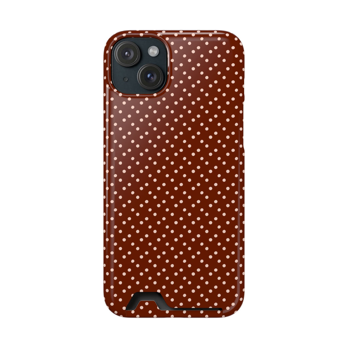 Chocolate Micro Dot phone case with card holder for iPhone 15 Plus, glossy finish