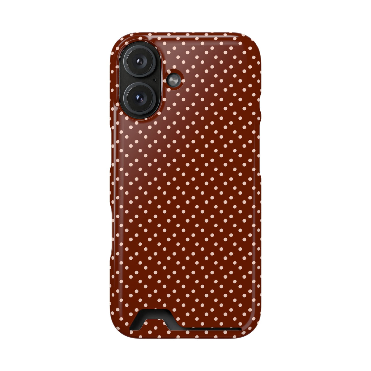Chocolate Micro Dot phone case with card holder for iPhone 16, glossy finish