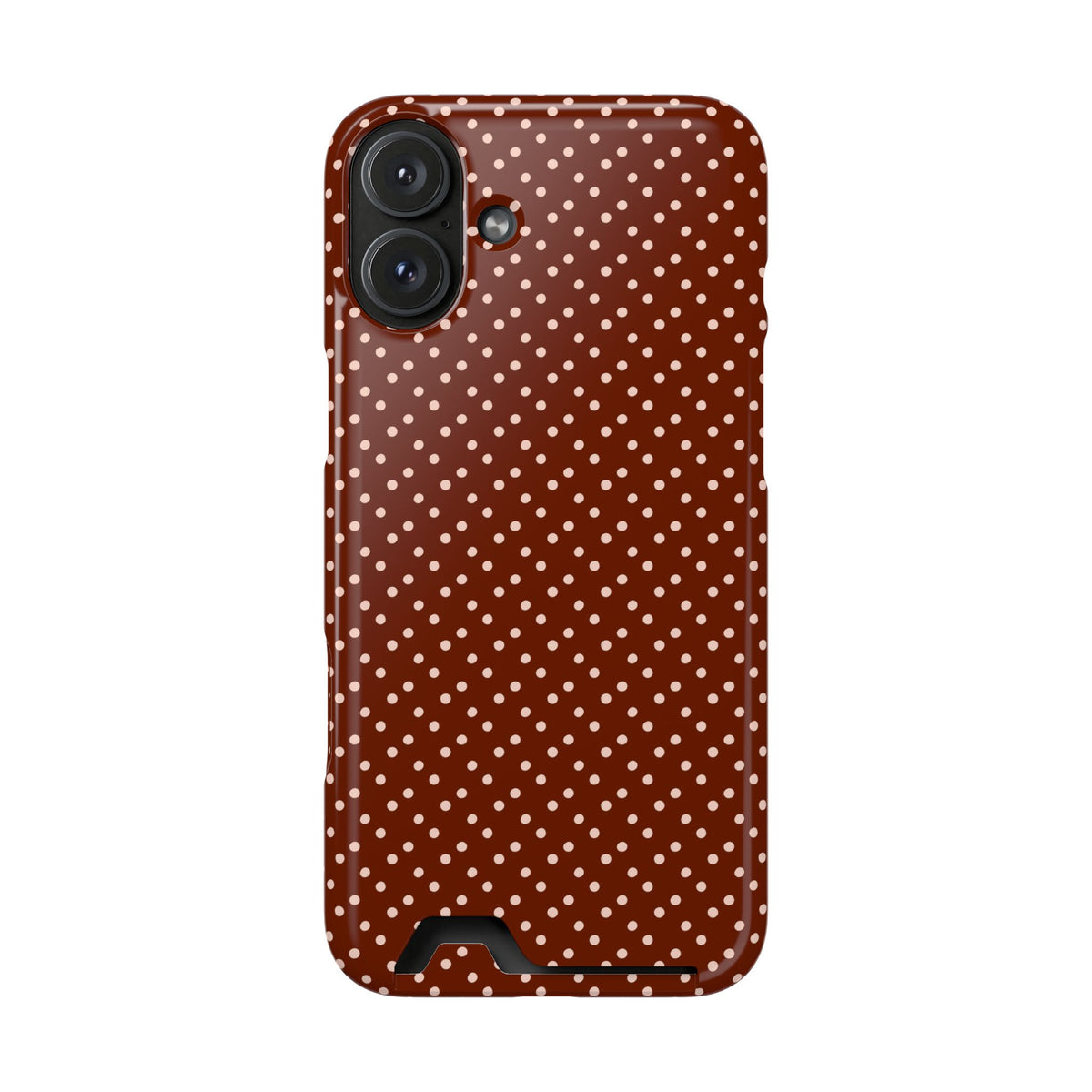 Chocolate Micro Dot phone case with card holder for iPhone 16 Plus, glossy finish