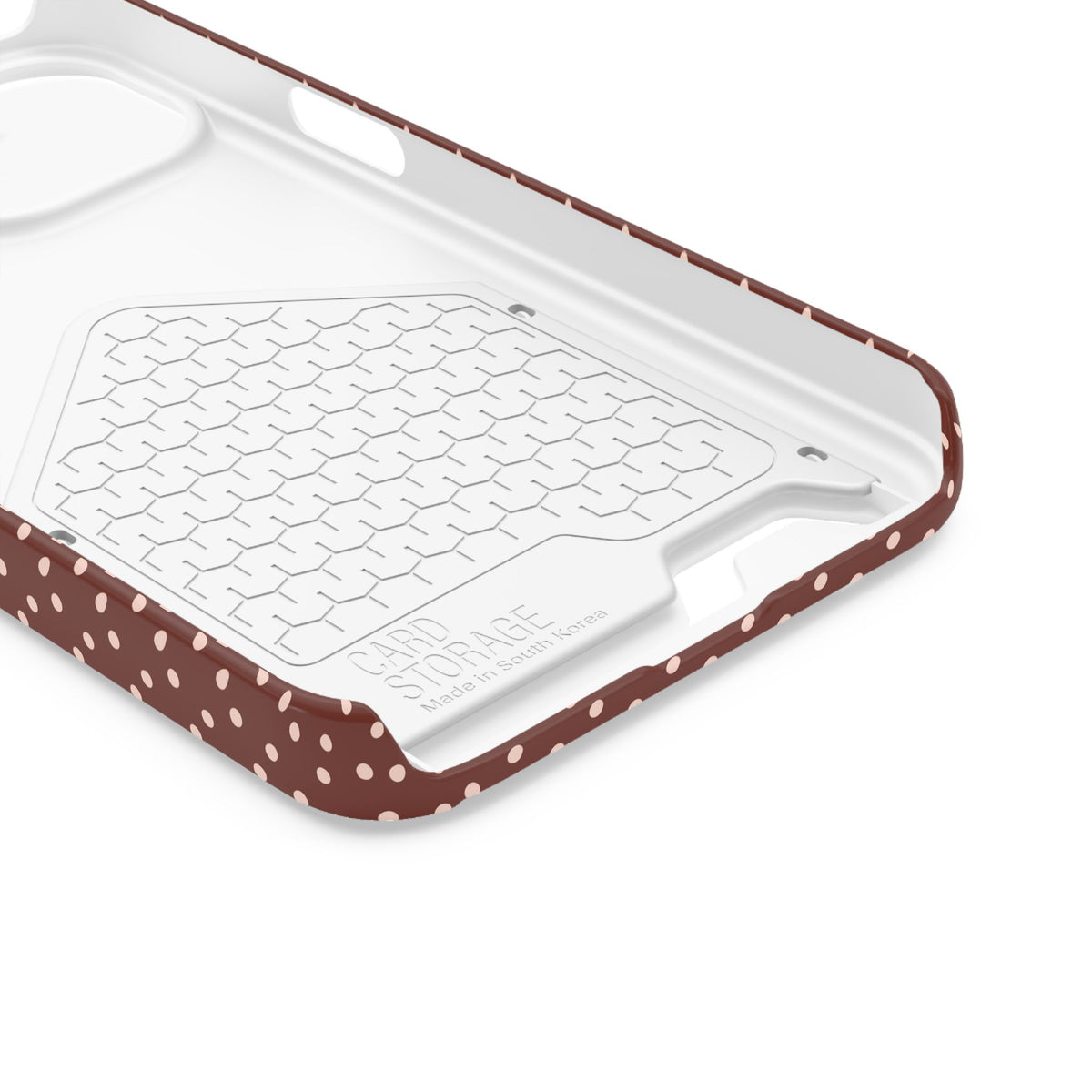 Chocolate Micro Dot phone case with card holder for iPhone 13, glossy finish