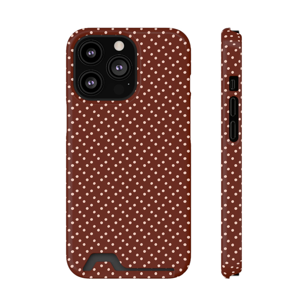 Chocolate Micro Dot phone case with card holder for iPhone 13 Pro, glossy finish