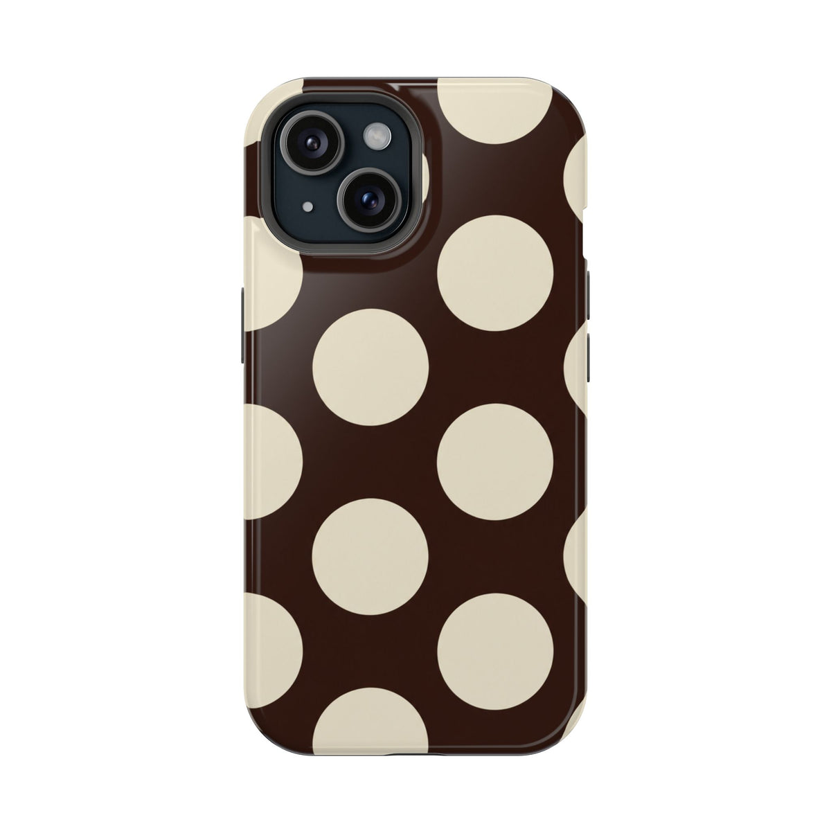Chocolate Polka Dot protective phone case for iPhone 15, glossy finish
