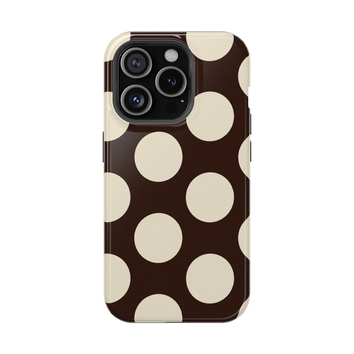 Chocolate Polka Dot protective phone case for iPhone 15 Pro, glossy finish