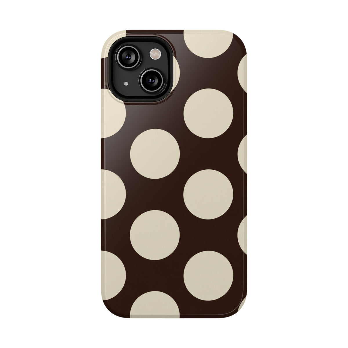 Chocolate Polka Dot protective phone case for iPhone 14, glossy finish