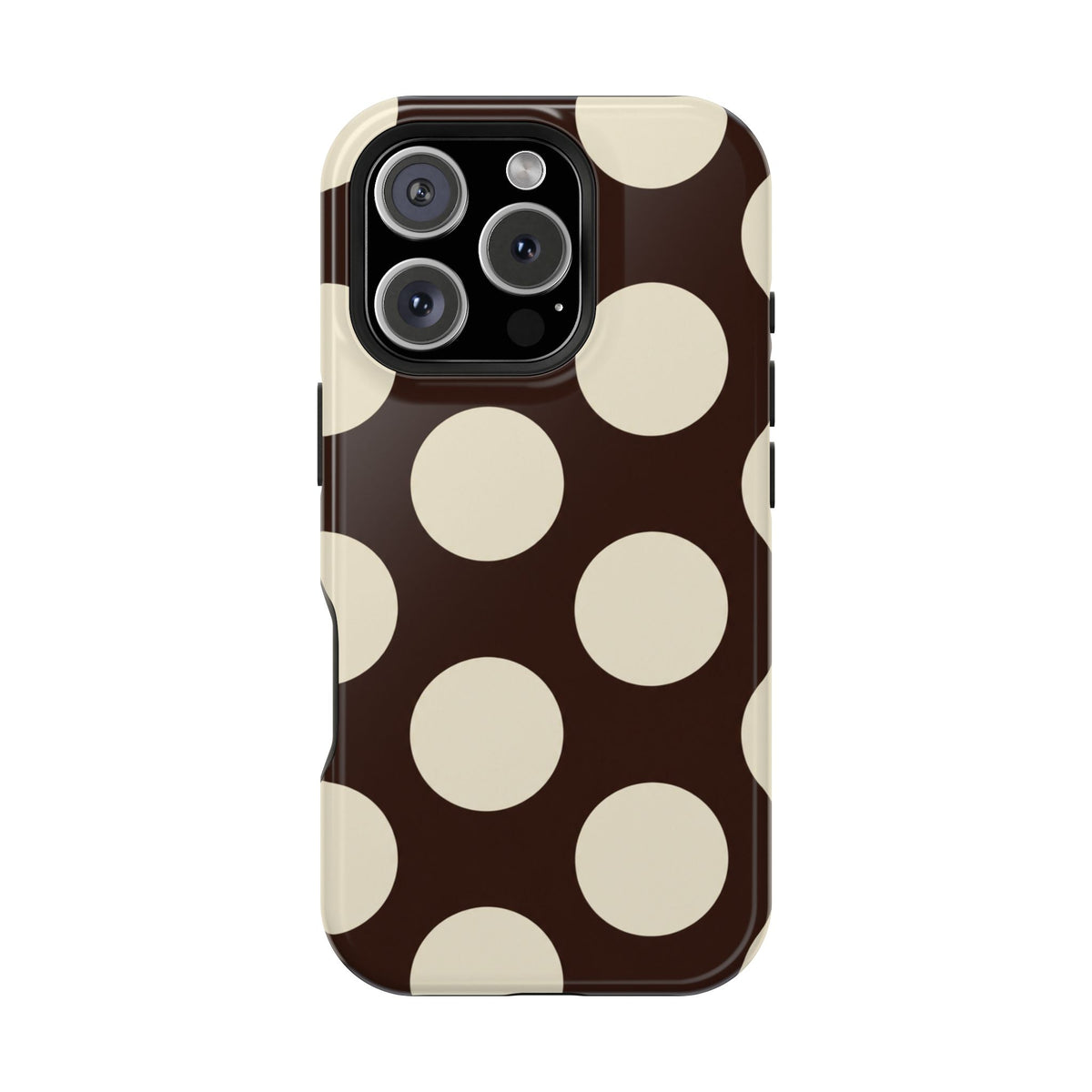 Chocolate Polka Dot protective phone case for iPhone 16 Pro, glossy finish