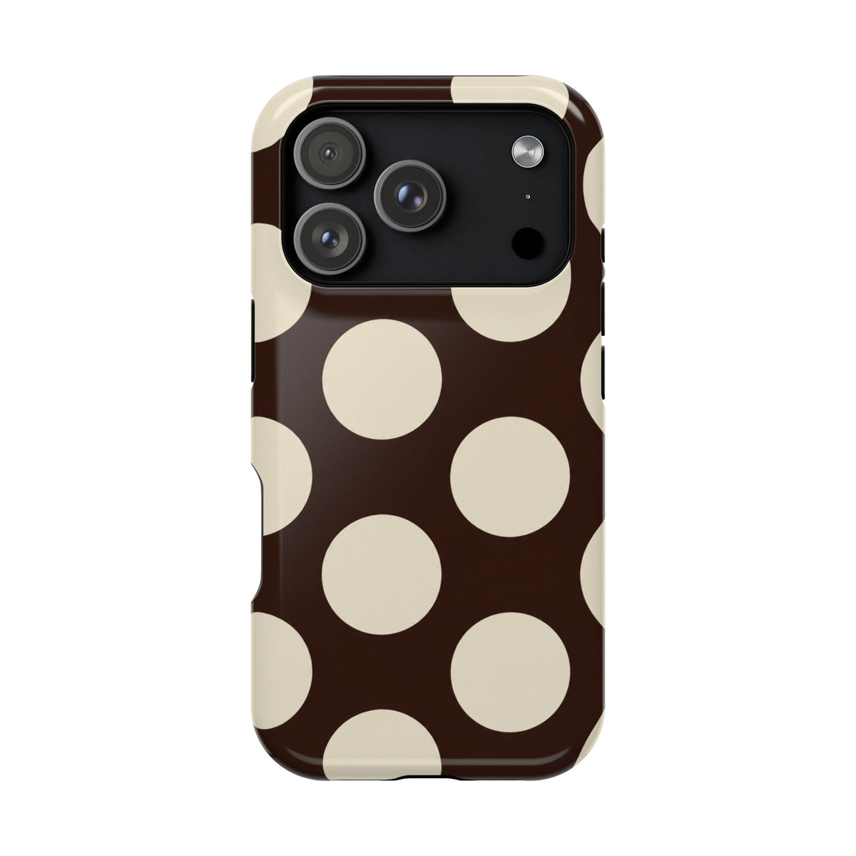 Chocolate Polka Dot protective phone case for iPhone 17 Pro, glossy finish