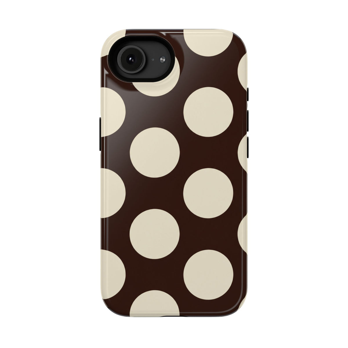 Chocolate Polka Dot protective phone case for iPhone 16e, glossy finish