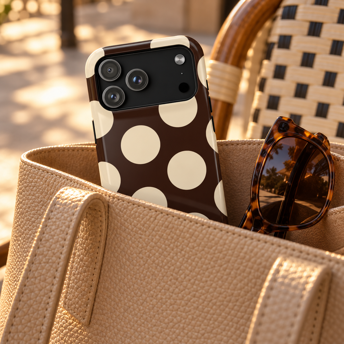 Chocolate Polka Dot protective phone case, big cream polka dots on dark chocolate, lifestyle photo in a handbag
