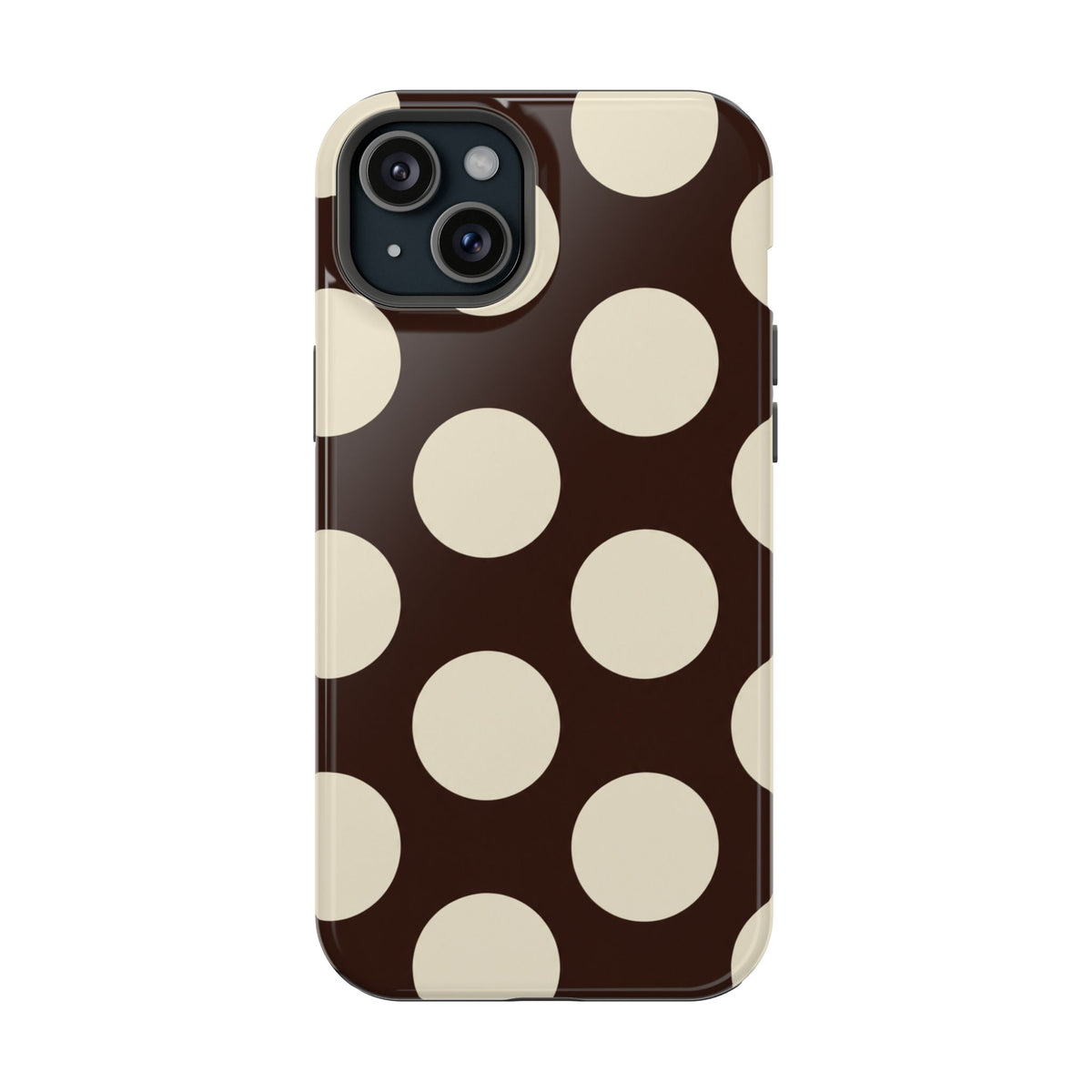 Chocolate Polka Dot MagSafe case for iPhone 15 Plus, glossy finish
