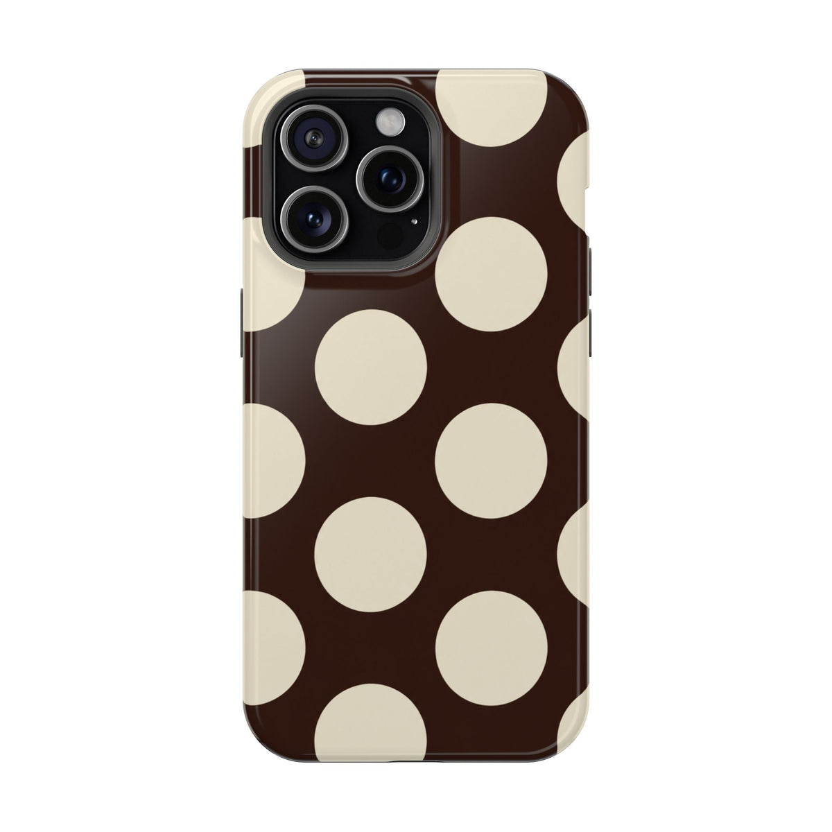 Chocolate Polka Dot MagSafe case for iPhone 15 Pro Max, glossy finish
