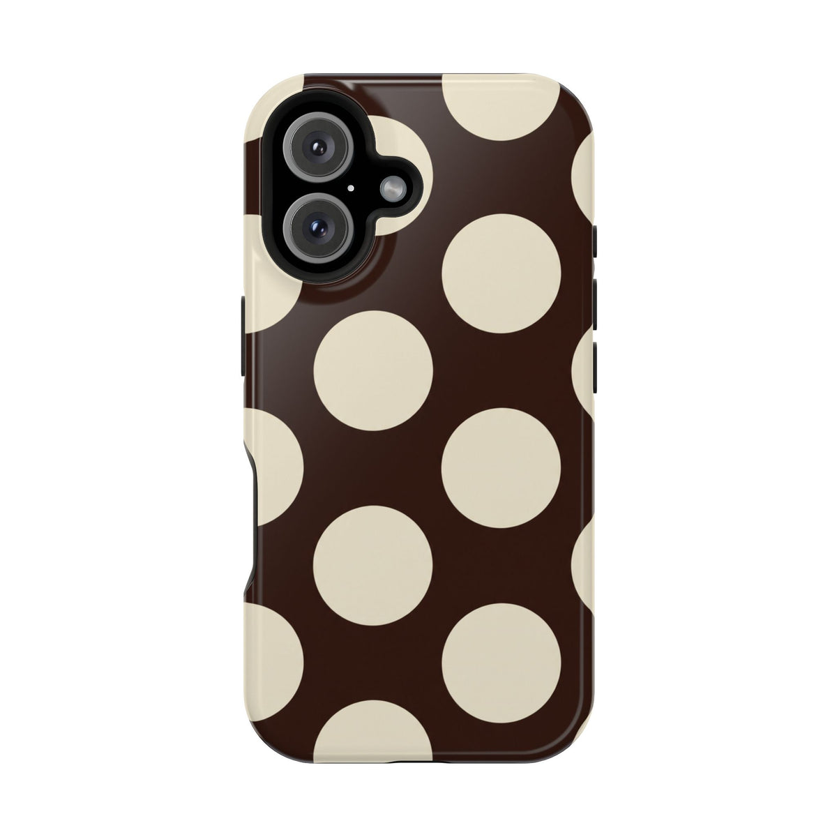 Chocolate Polka Dot MagSafe case for iPhone 16, glossy finish