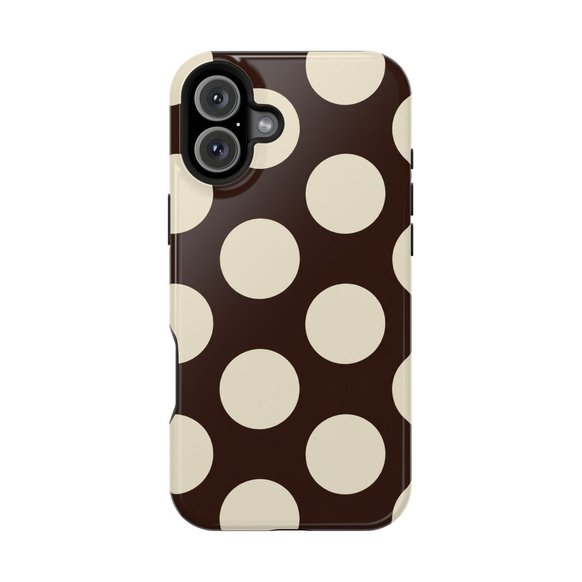 Chocolate Polka Dot MagSafe case for iPhone 16 Plus, glossy finish
