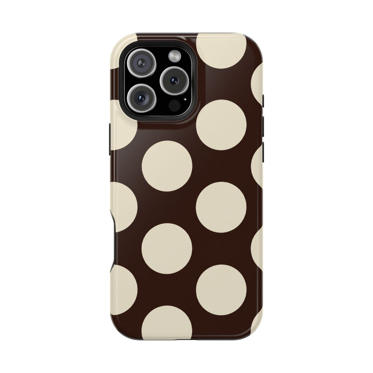 Chocolate Polka Dot MagSafe case for iPhone 16 Pro Max, glossy finish