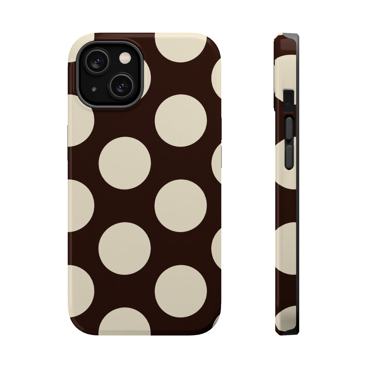 Chocolate Polka Dot MagSafe case for iPhone 14, glossy finish