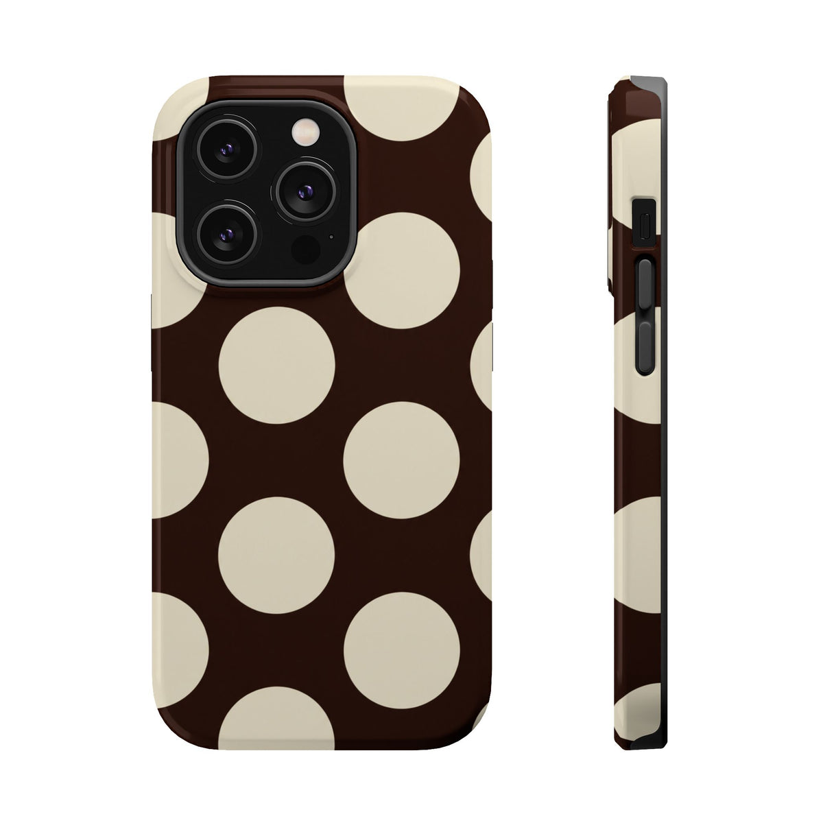 Chocolate Polka Dot MagSafe case for iPhone 14 Pro, glossy finish
