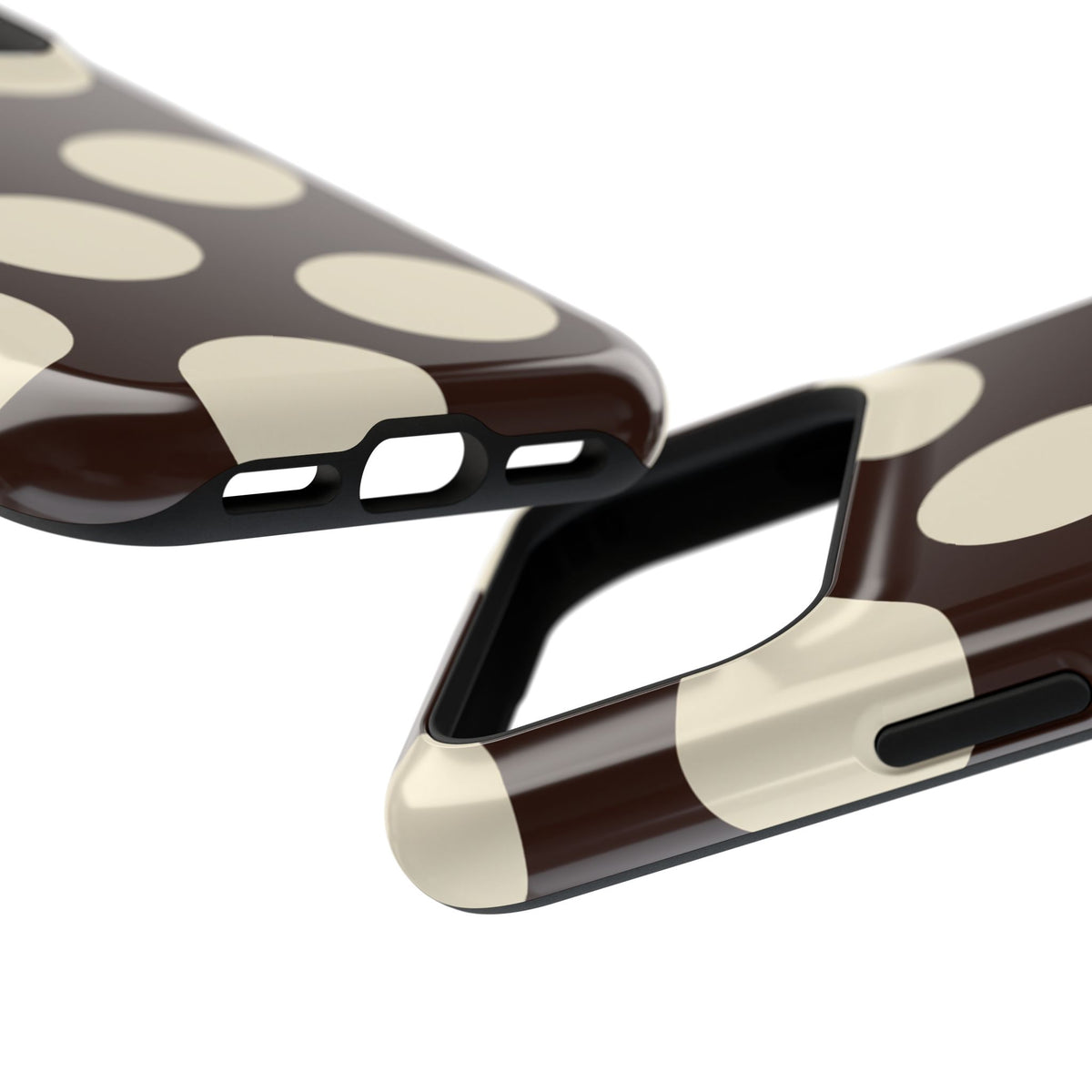 Chocolate Polka Dot MagSafe case, close-up at an angle