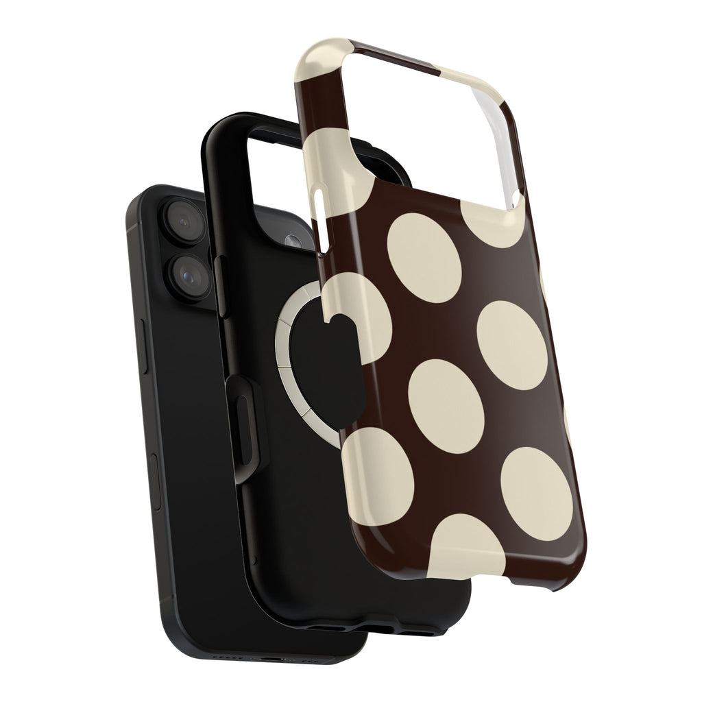 Chocolate Polka Dot MagSafe case, close-up of the dual-layer construction