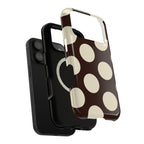 Chocolate Polka Dot MagSafe case, close-up of the dual-layer construction