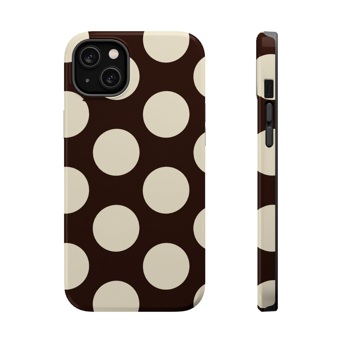 Chocolate Polka Dot MagSafe case for iPhone 14 Plus, glossy finish