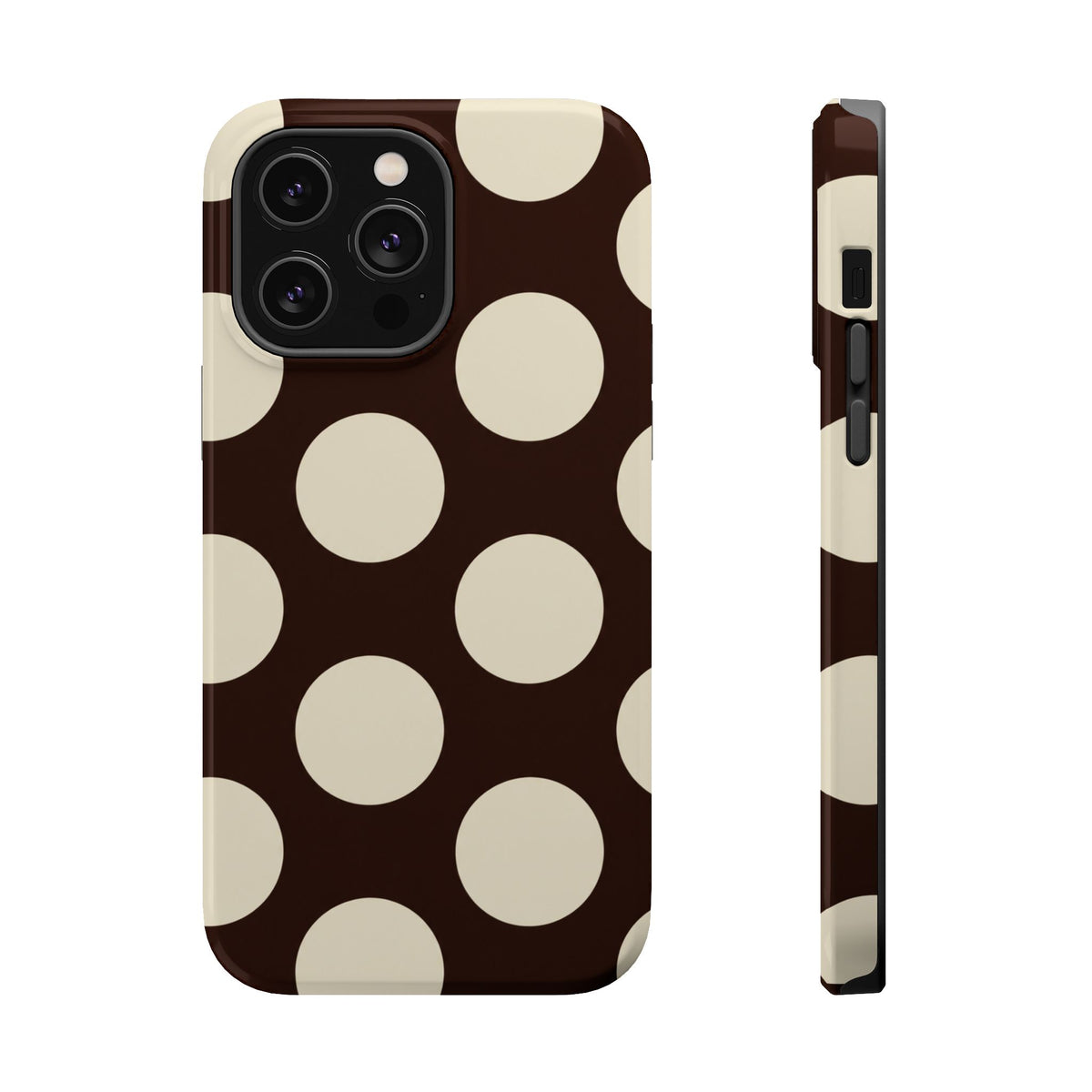 Chocolate Polka Dot MagSafe case for iPhone 14 Pro Max, glossy finish