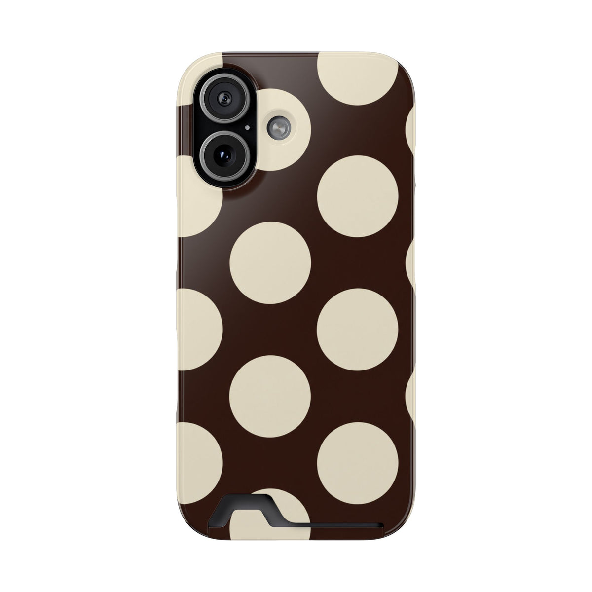 Chocolate Polka Dot phone case with card holder for iPhone 17, glossy finish