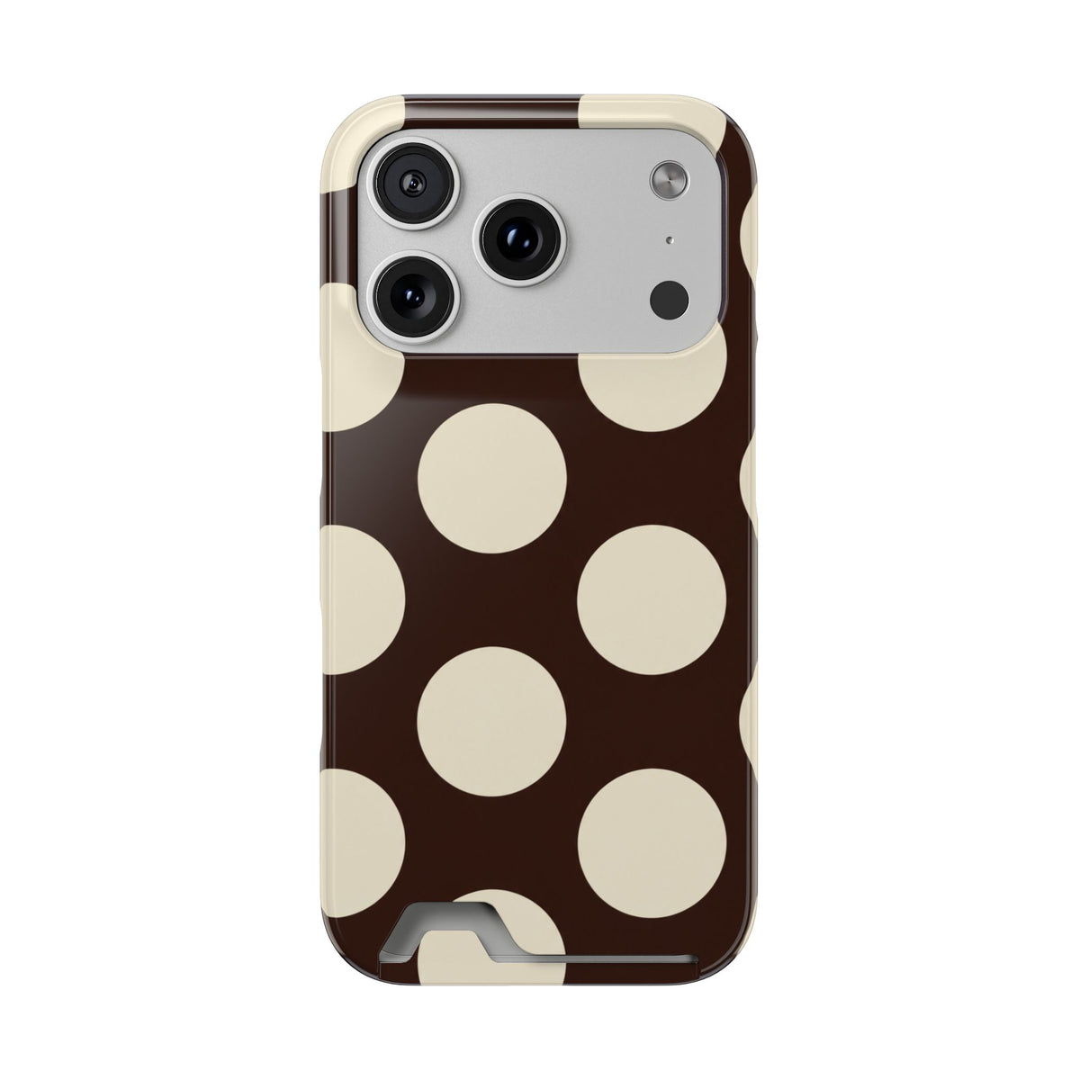 Chocolate Polka Dot phone case with card holder for iPhone 17 Pro, glossy finish