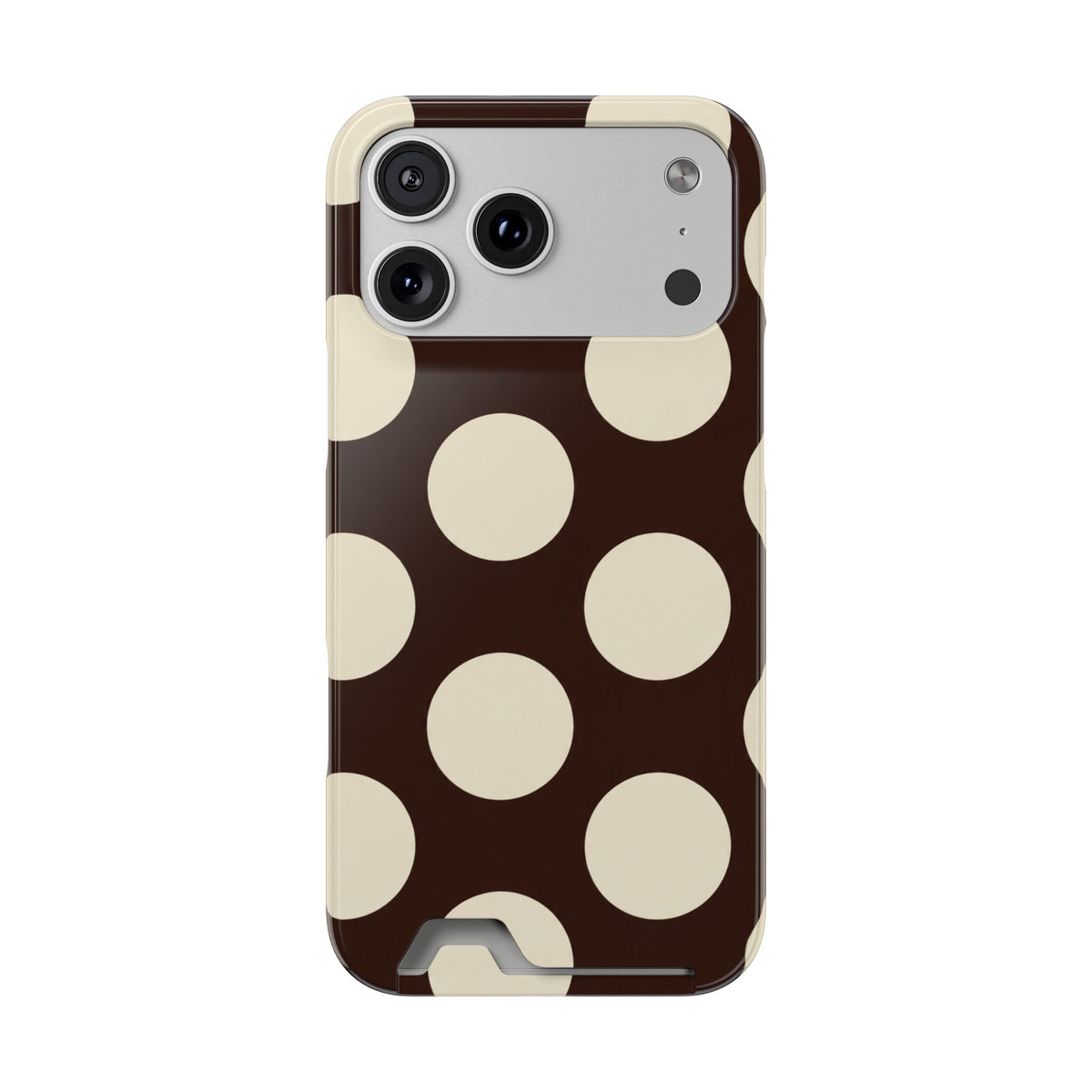 Chocolate Polka Dot phone case with card holder for iPhone 17 Pro Max, glossy finish