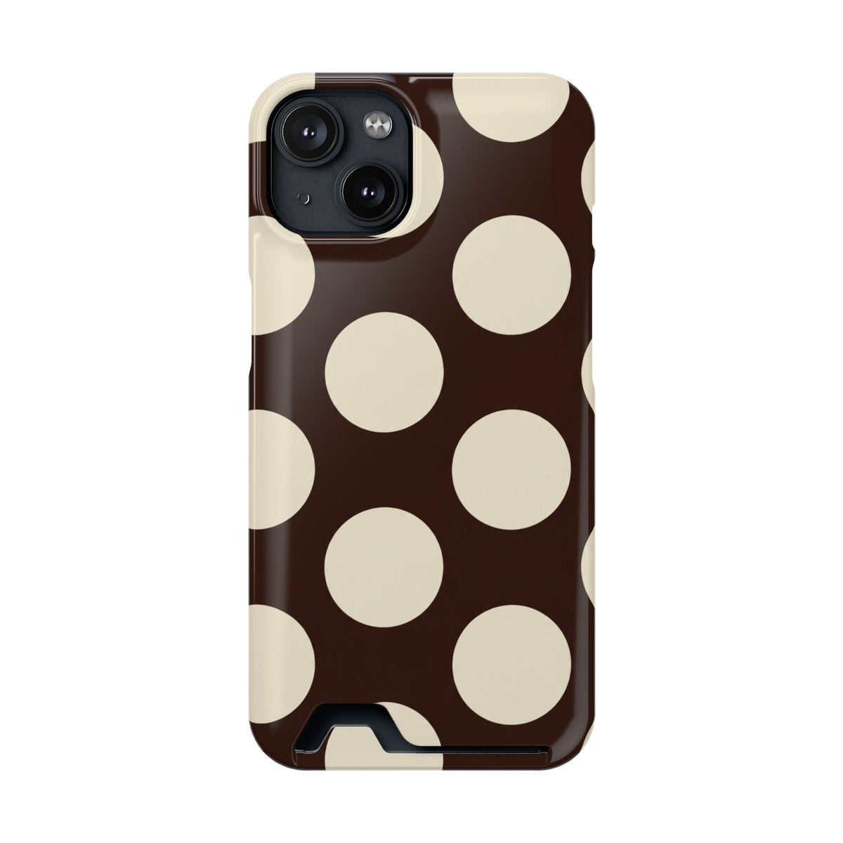 Chocolate Polka Dot phone case with card holder for iPhone 14, glossy finish