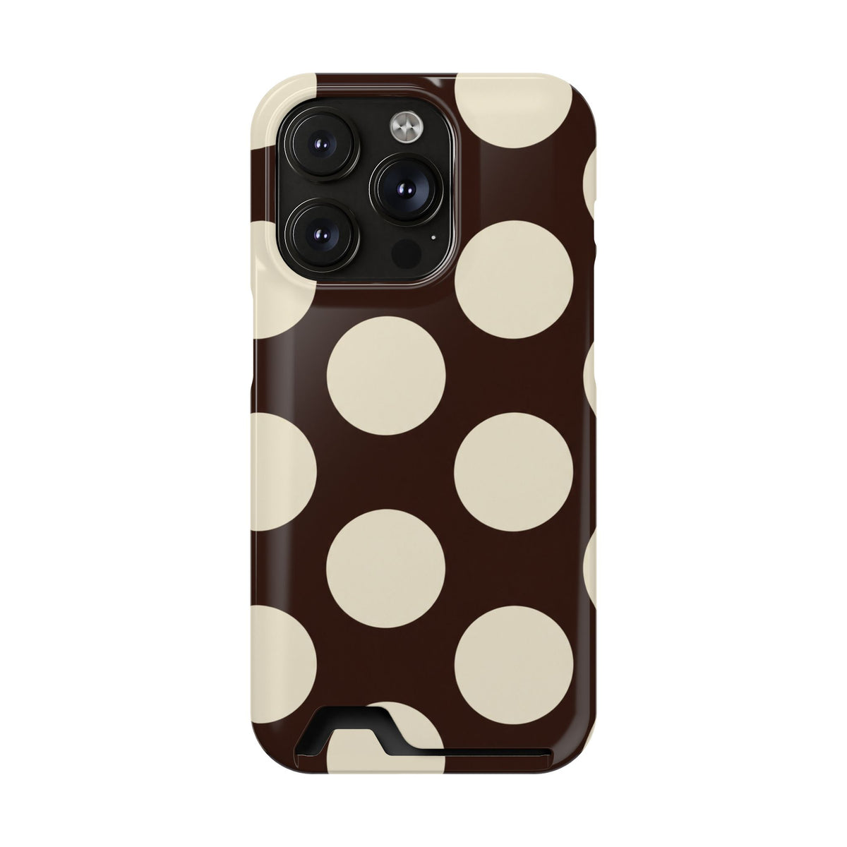 Chocolate Polka Dot phone case with card holder for iPhone 14 Pro, glossy finish
