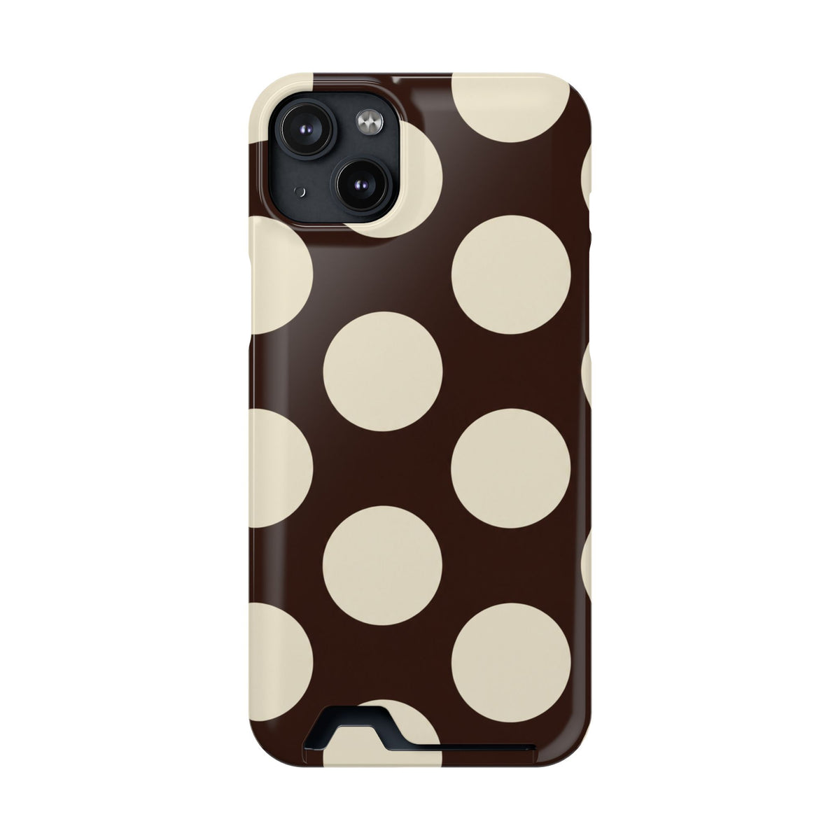 Chocolate Polka Dot phone case with card holder for iPhone 14 Plus, glossy finish