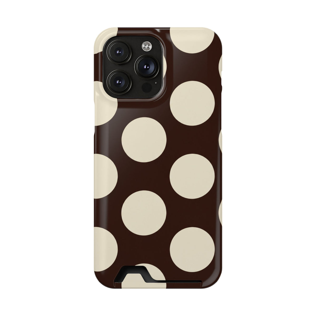Chocolate Polka Dot phone case with card holder for iPhone 14 Pro Max, glossy finish