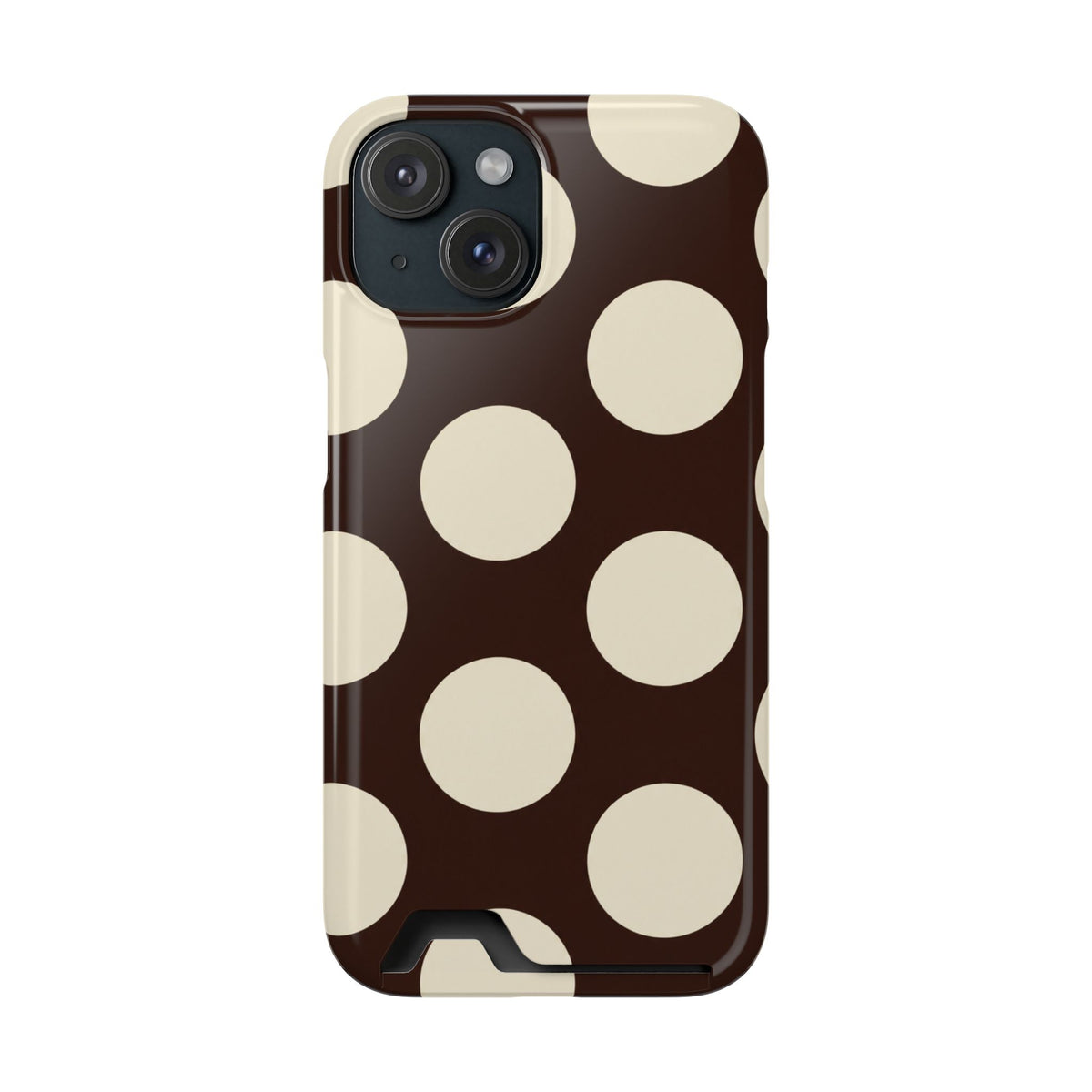 Chocolate Polka Dot phone case with card holder for iPhone 15, glossy finish