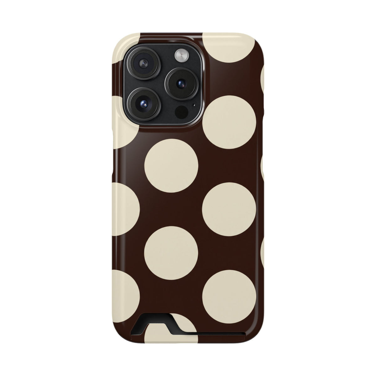Chocolate Polka Dot phone case with card holder for iPhone 15 Pro, glossy finish