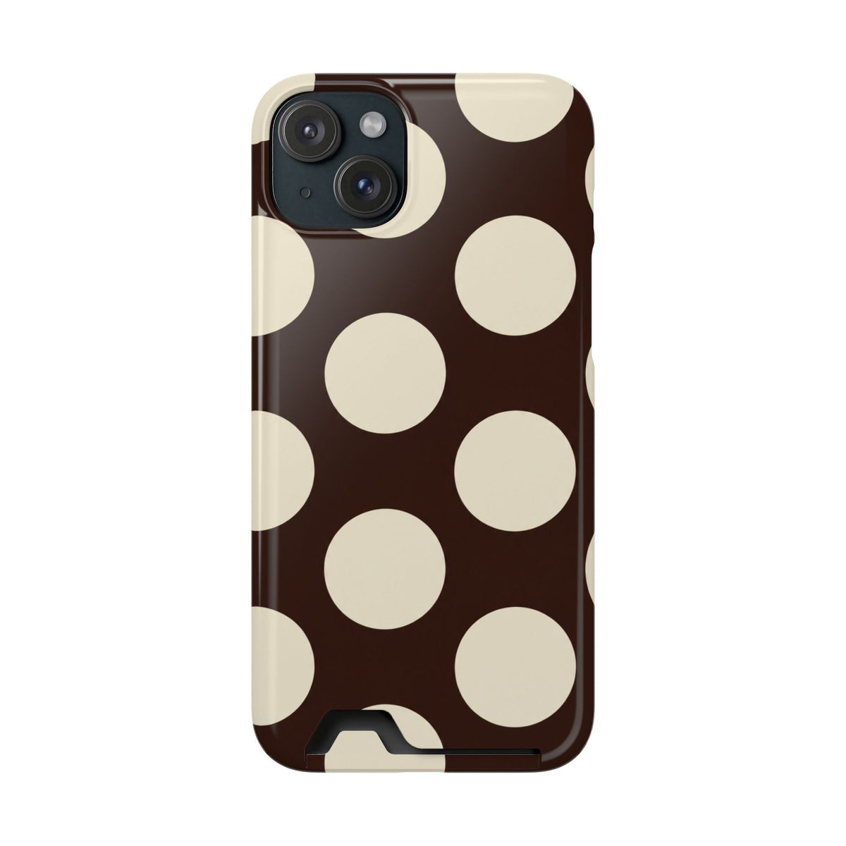Chocolate Polka Dot phone case with card holder for iPhone 15 Plus, glossy finish