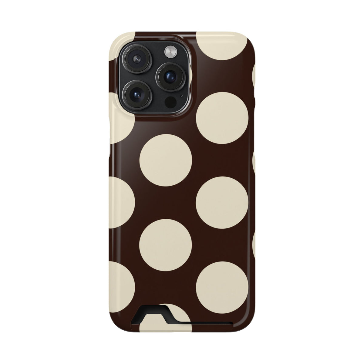 Chocolate Polka Dot phone case with card holder for iPhone 15 Pro Max, glossy finish