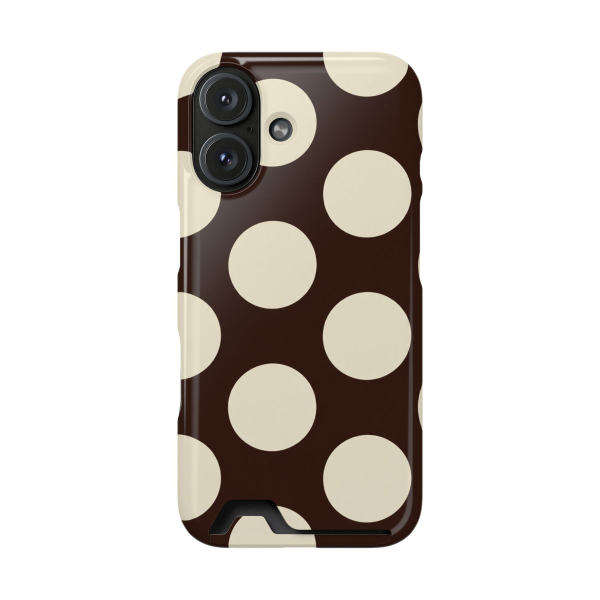 Chocolate Polka Dot phone case with card holder for iPhone 16, glossy finish