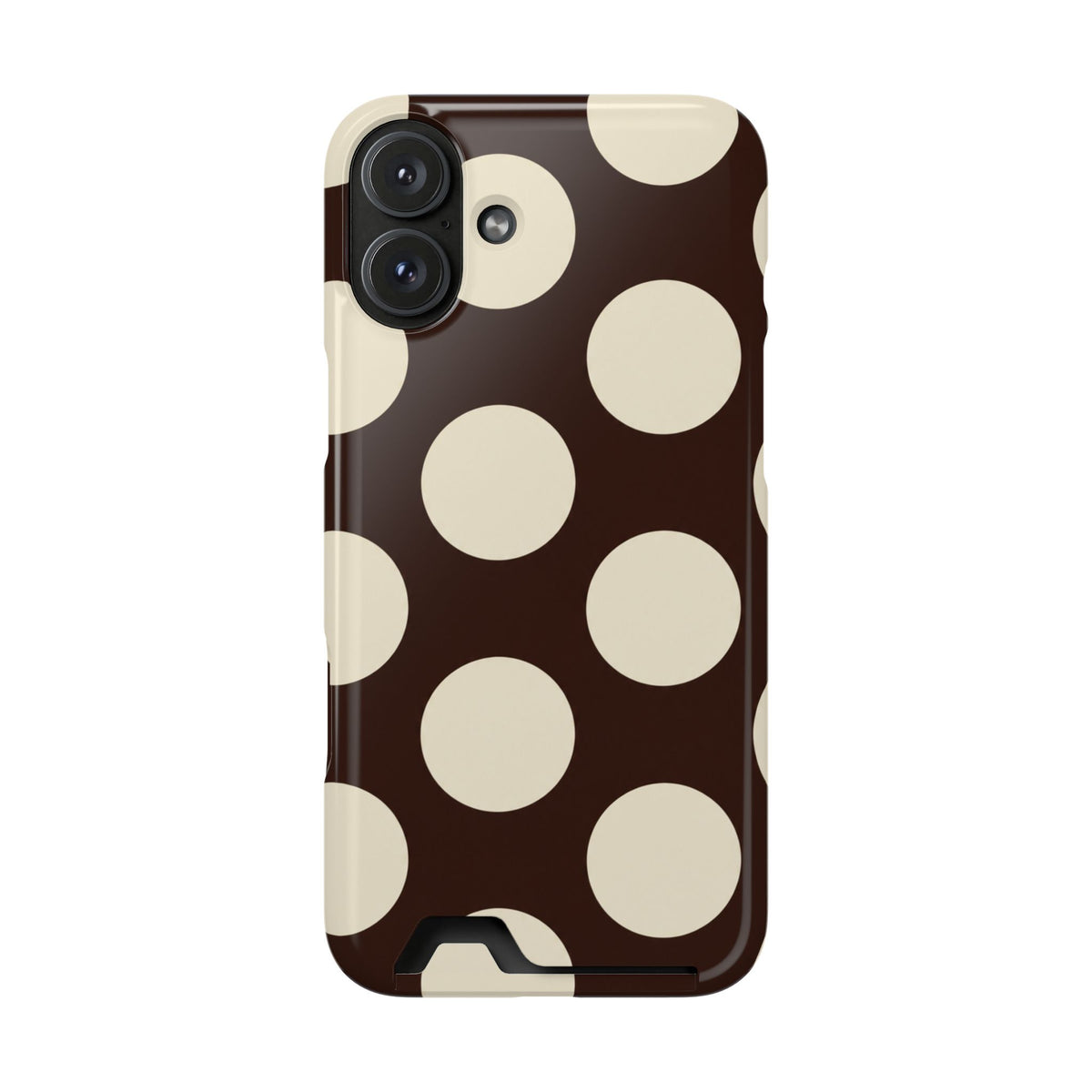 Chocolate Polka Dot phone case with card holder for iPhone 16 Plus, glossy finish