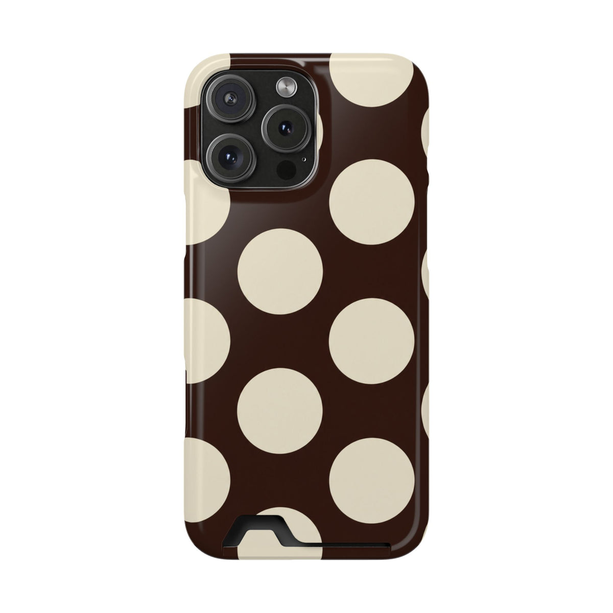 Chocolate Polka Dot phone case with card holder for iPhone 16 Pro Max, glossy finish