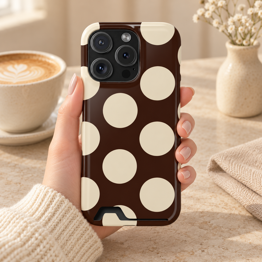 Chocolate Polka Dot phone case with card holder, big cream polka dots on dark chocolate, lifestyle photo in hand with coffee