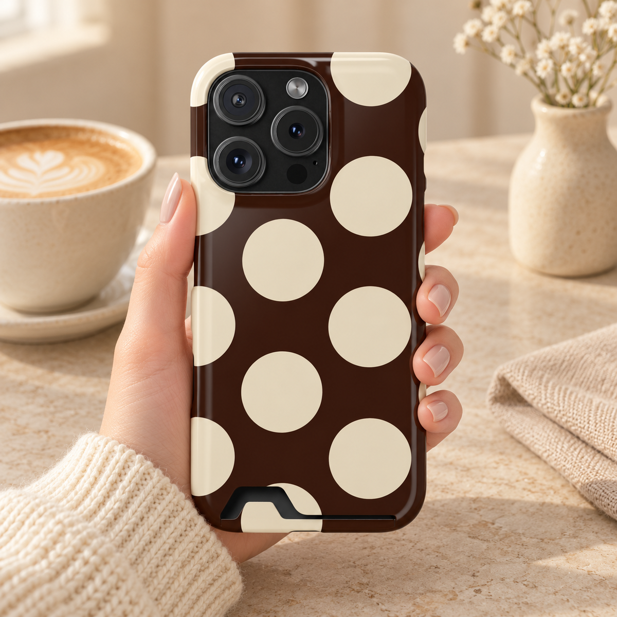 Chocolate Polka Dot phone case with card holder, big cream polka dots on dark chocolate, lifestyle photo in hand with coffee