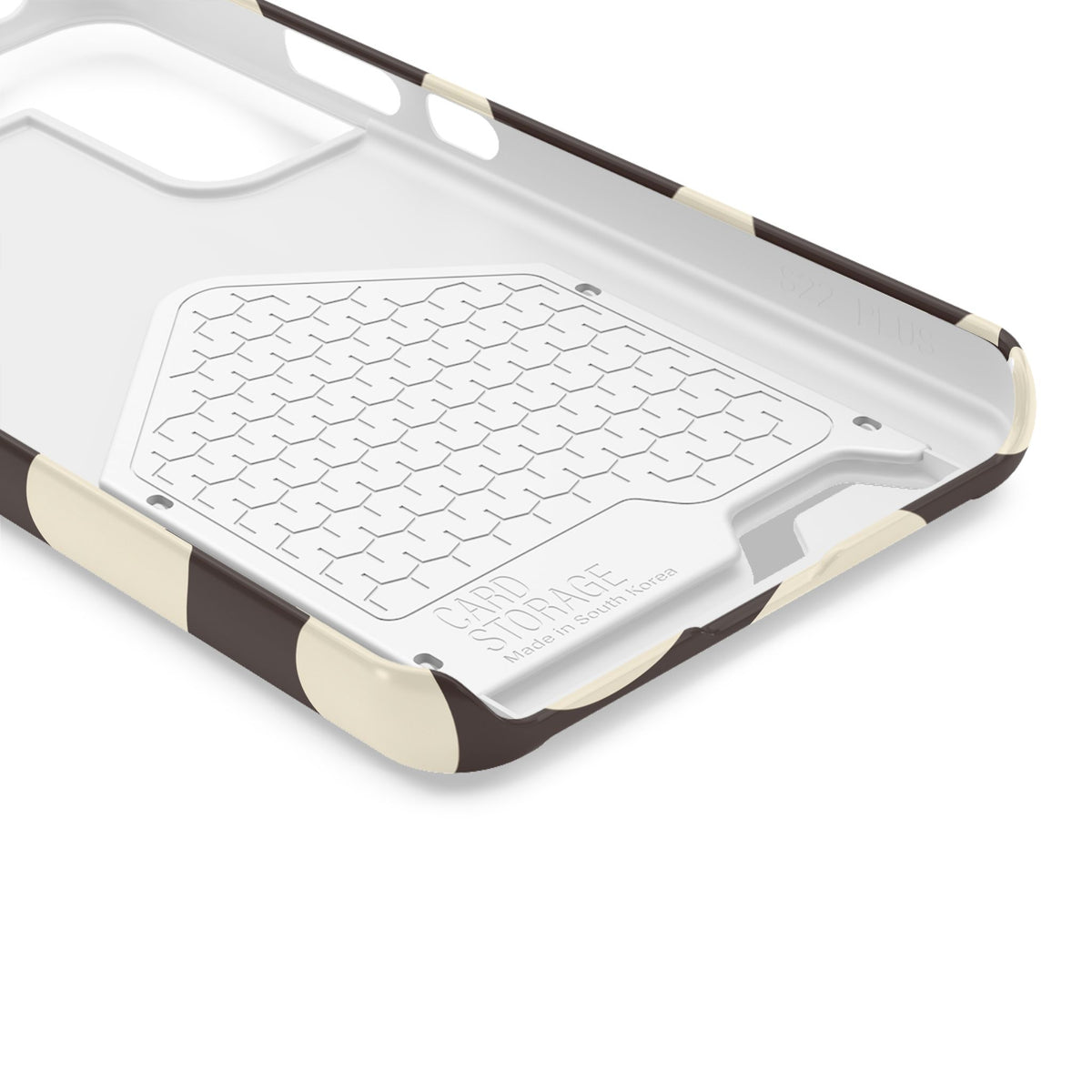 Chocolate Polka Dot phone case with card holder, close-up of the inside