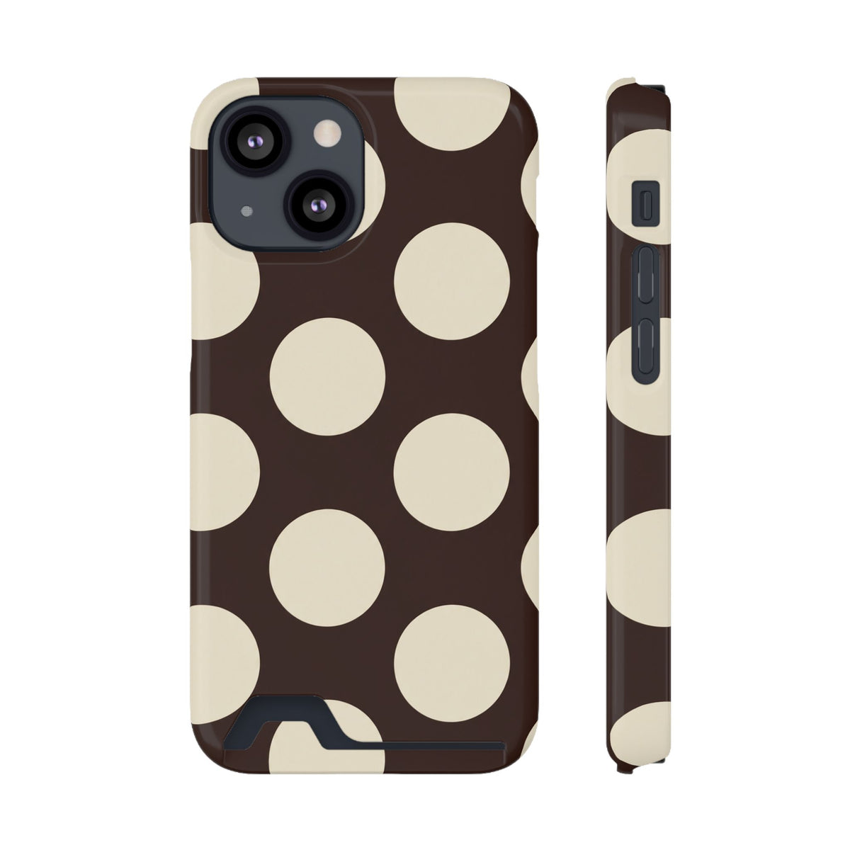 Chocolate Polka Dot phone case with card holder for iPhone 13 Mini, glossy finish