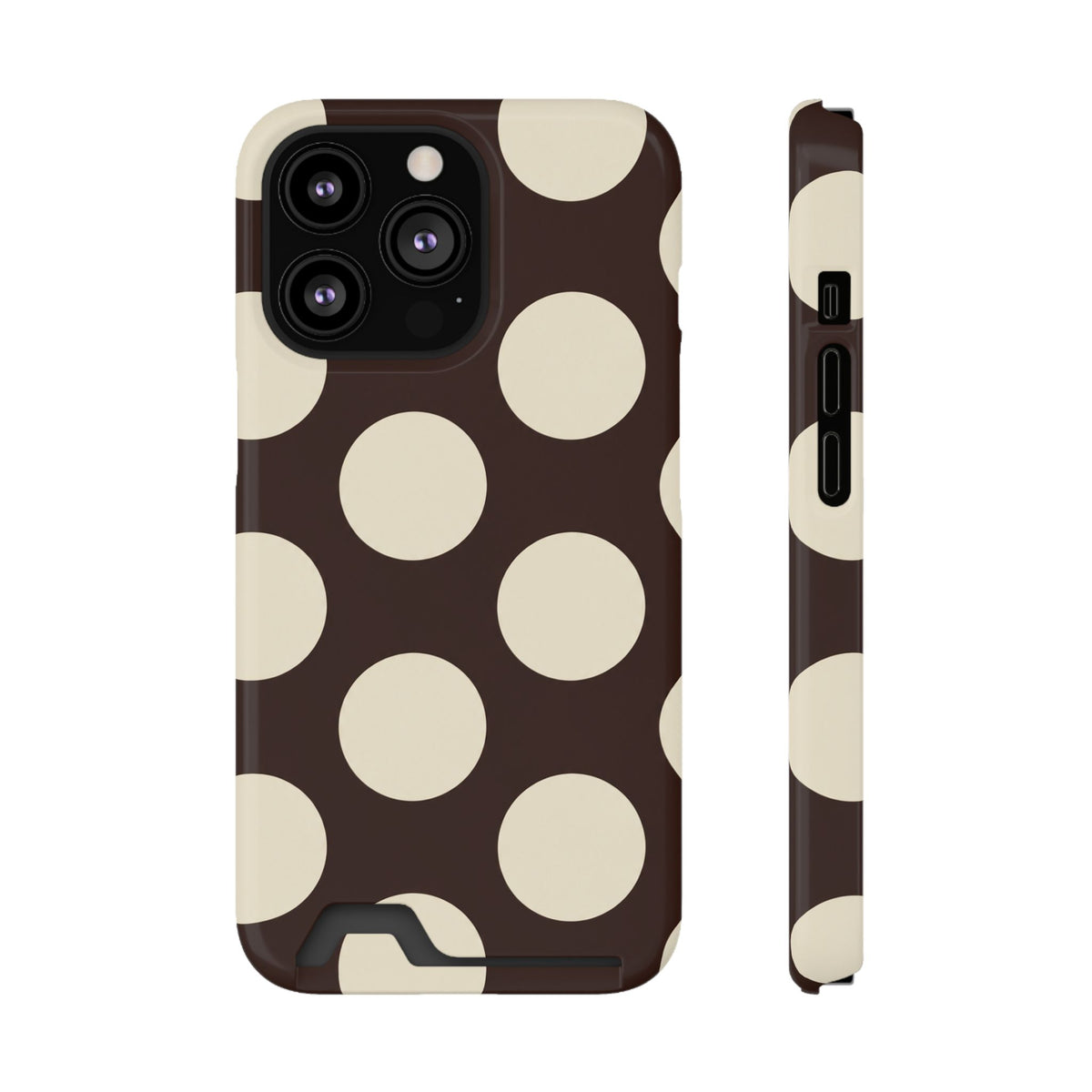 Chocolate Polka Dot phone case with card holder for iPhone 13 Pro, glossy finish