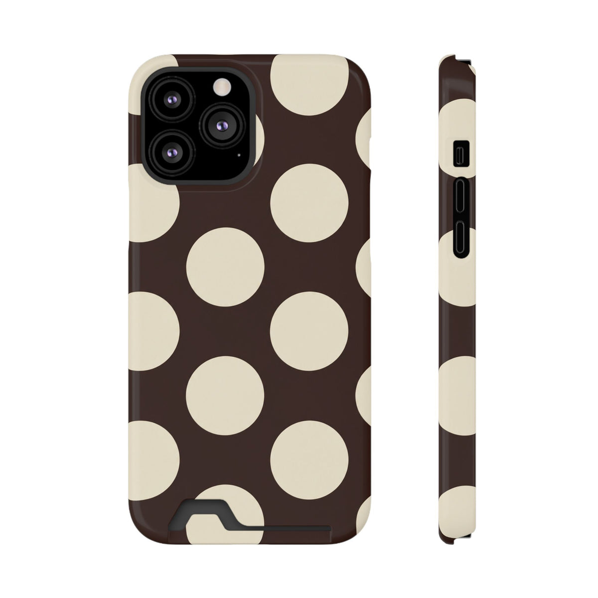 Chocolate Polka Dot phone case with card holder for iPhone 13 Pro Max, glossy finish