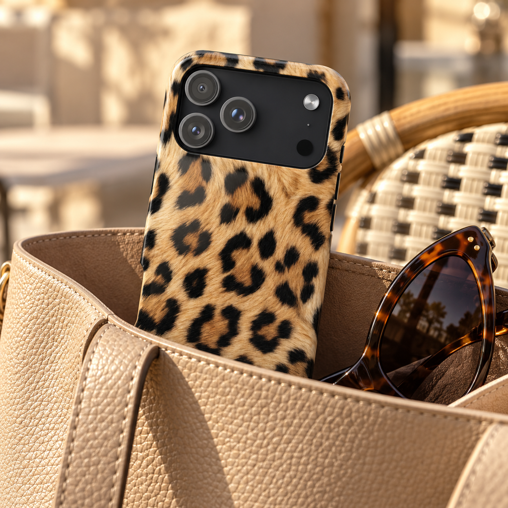 Classic Leopard protective phone case, classic tan and black leopard print, lifestyle photo in a handbag