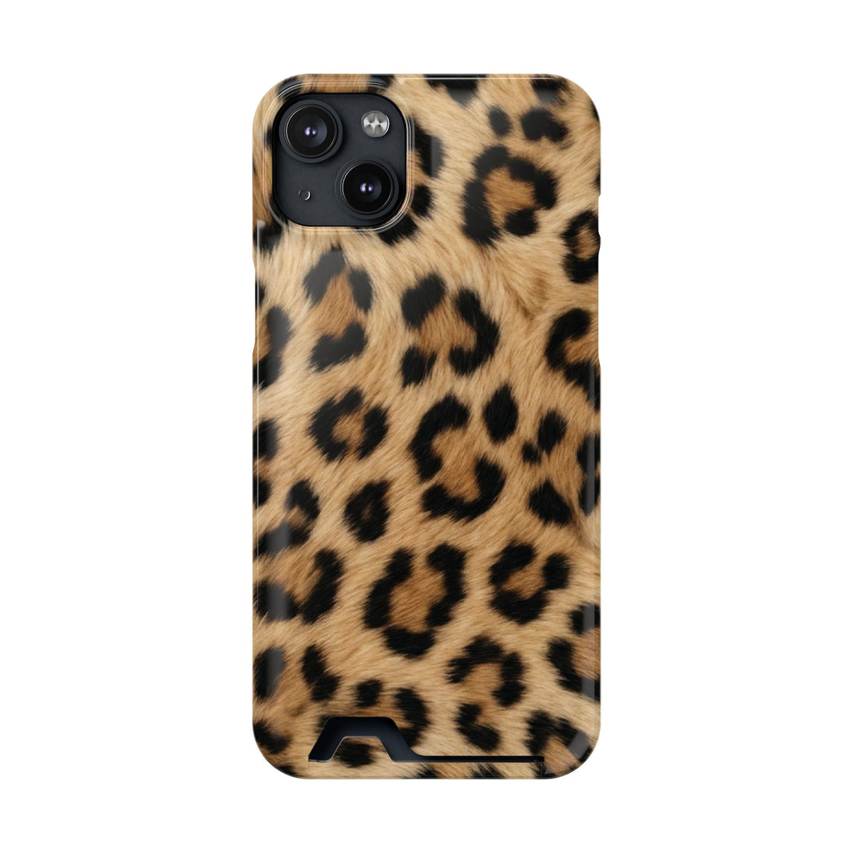 Classic Leopard phone case with card holder for iPhone 14 Plus, glossy finish