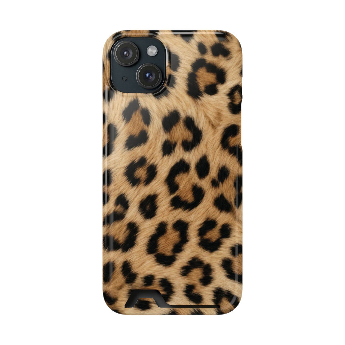Classic Leopard phone case with card holder for iPhone 15 Plus, glossy finish